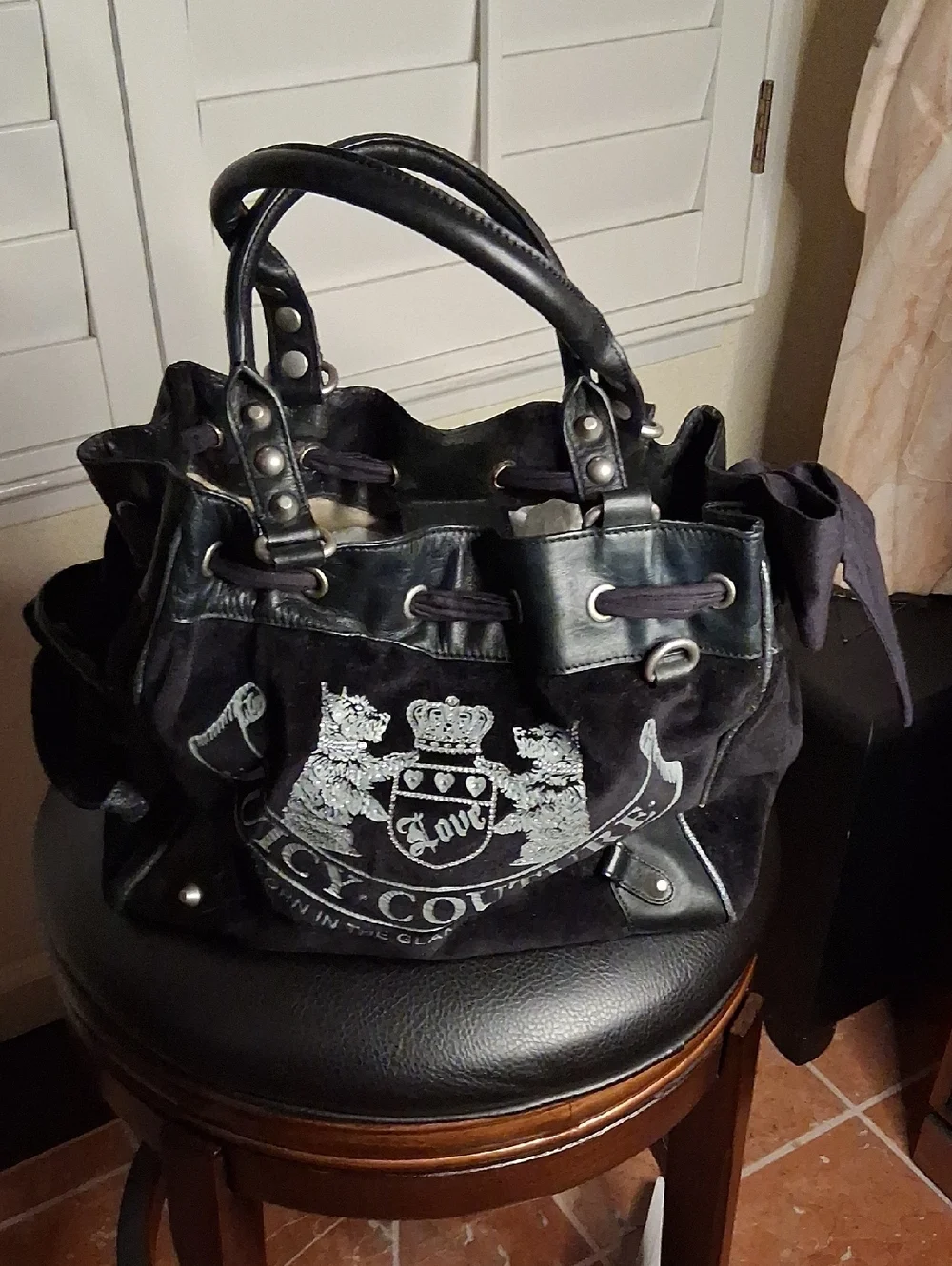 🖤💎Vintage Juicy Couture Black Leather Hobo Handbag W/Clear Gems RARE! Sz M